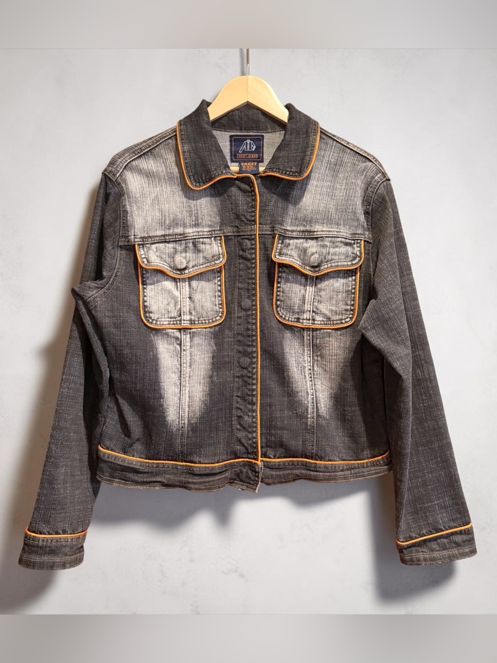Vintage Y2K Crest Jeans Women’s XL Denim Jacket Orange Piping
